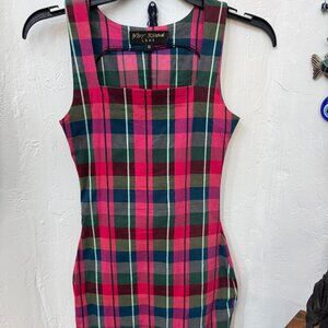 Betsy Johnson Early 2000s Pink, Green & Blue Plaid Stretchy Summer Dress Size S